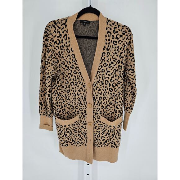 J Crew Womens Sz XS Hip Length Cardigan Sweater Black Tan Leopard Print - Picture 1 of 5